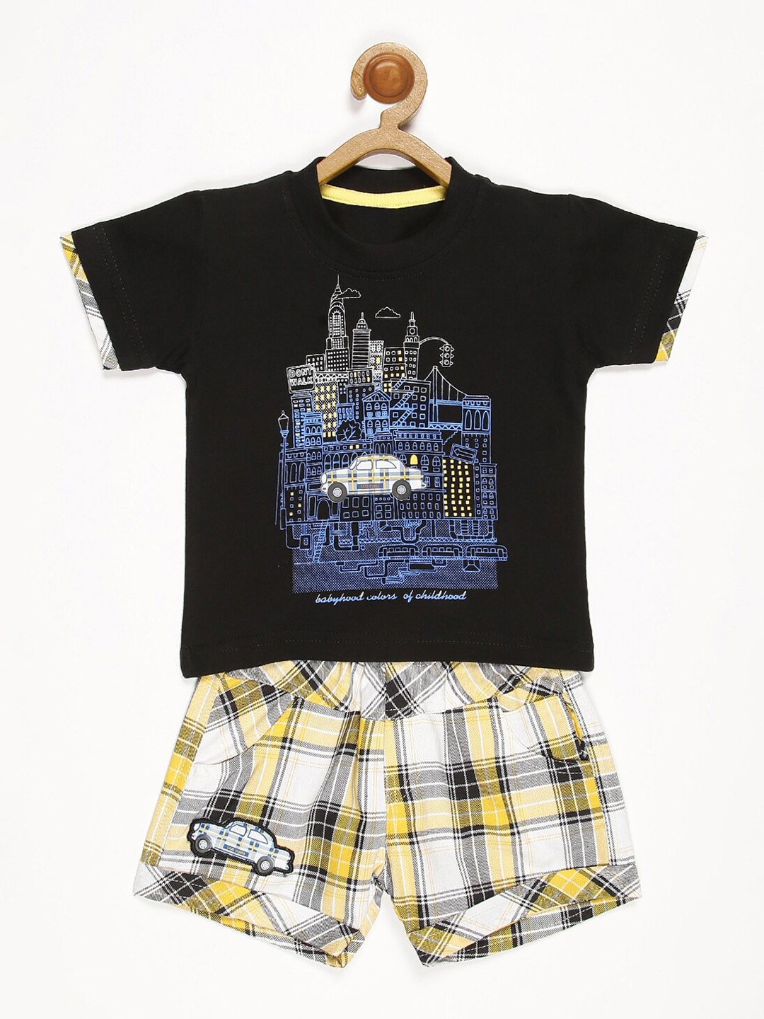 

V2 Value & Variety Boys Black & Yellow Printed Pure Cotton T-shirt with Shorts