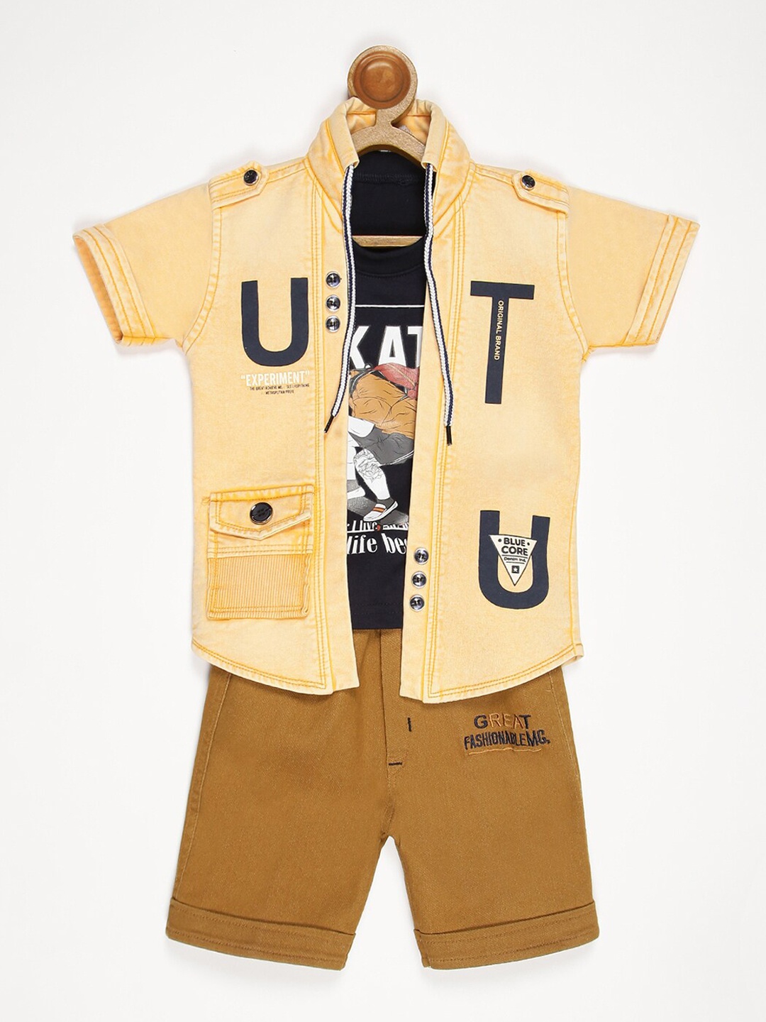 

V2 Value & Variety Boys Mustard Yellow & Black Printed T-shirt and Shirt with Shorts