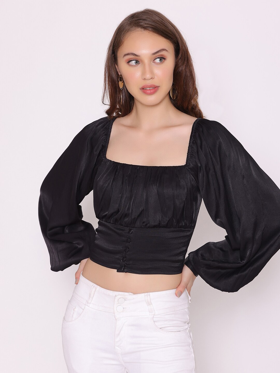 

FLAWLESS Women Black Bishop Sleeves Satin Crop Top