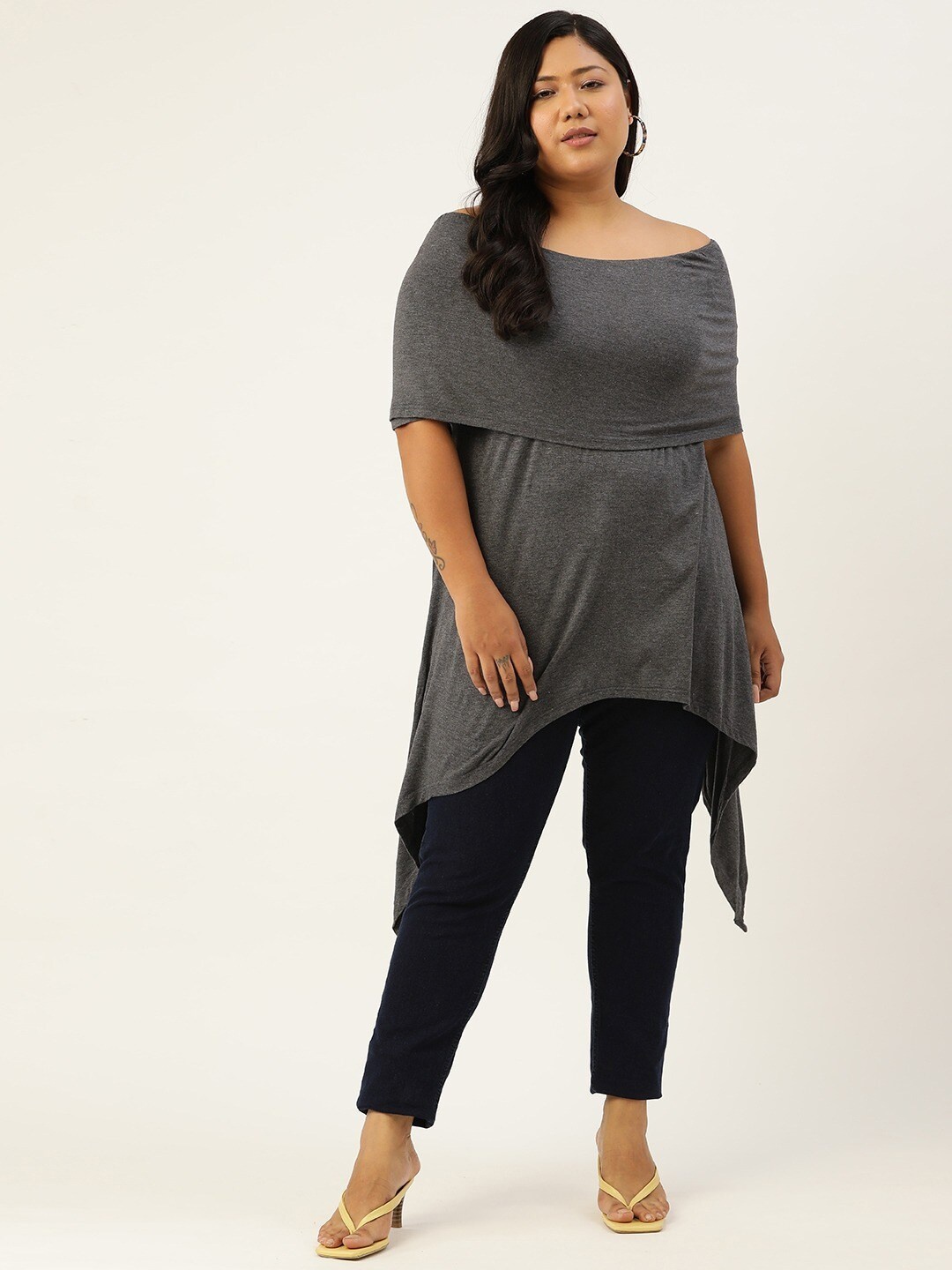 

theRebelinme Plus Size Charcoal Off-Shoulder Asymmetrical Longline Top