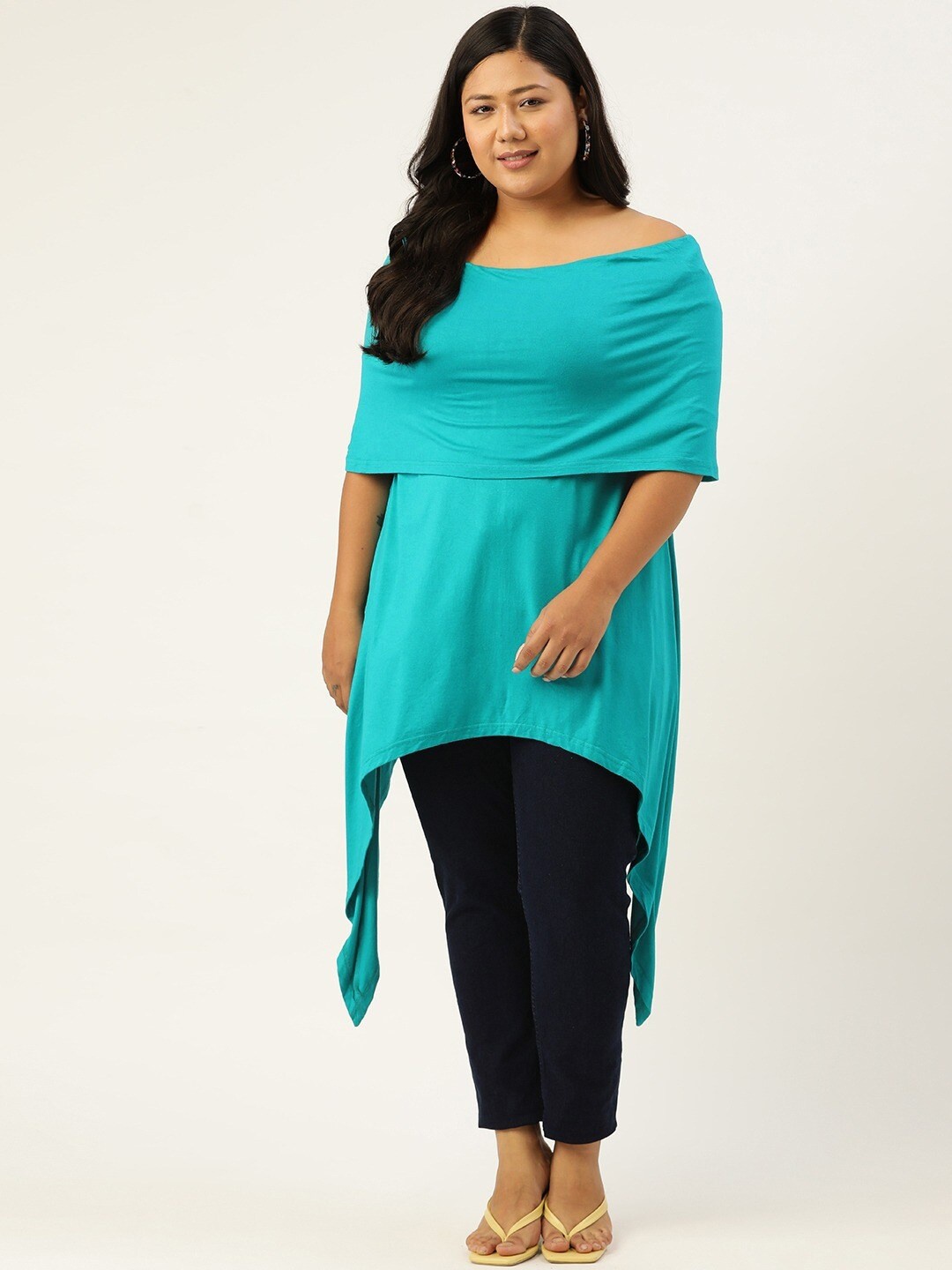 

theRebelinme Women Turquoise Blue Off-Shoulder High-Low Longline Top