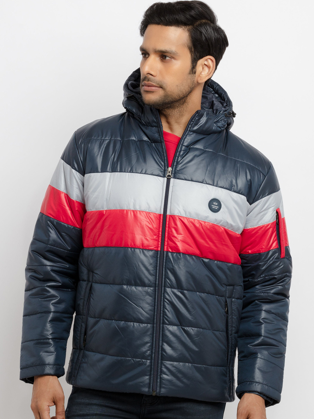 

Status Quo Men Navy Blue Colourblocked Hooded Padded Jacket