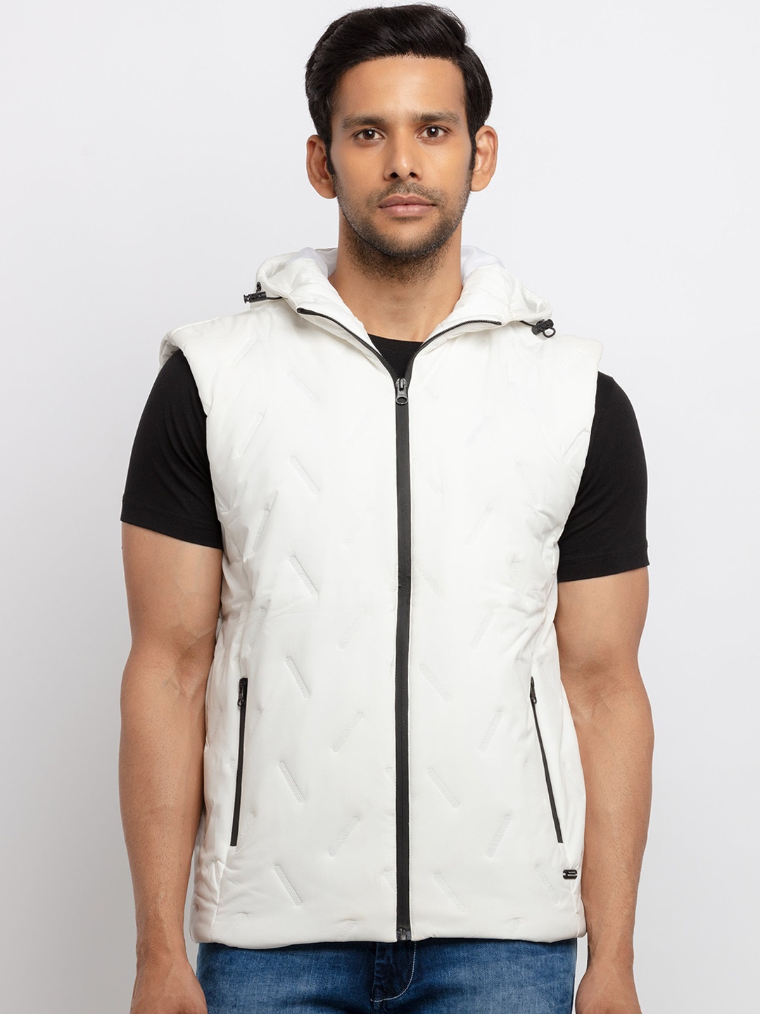 

Status Quo Men White Quilted Hooded Sleeveless Padded Jacket