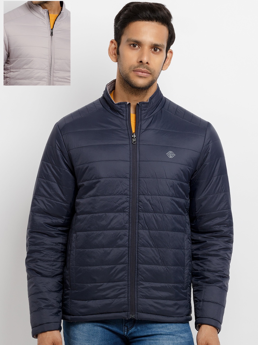 

Status Quo Men Grey Navy Blue Striped Padded Jacket