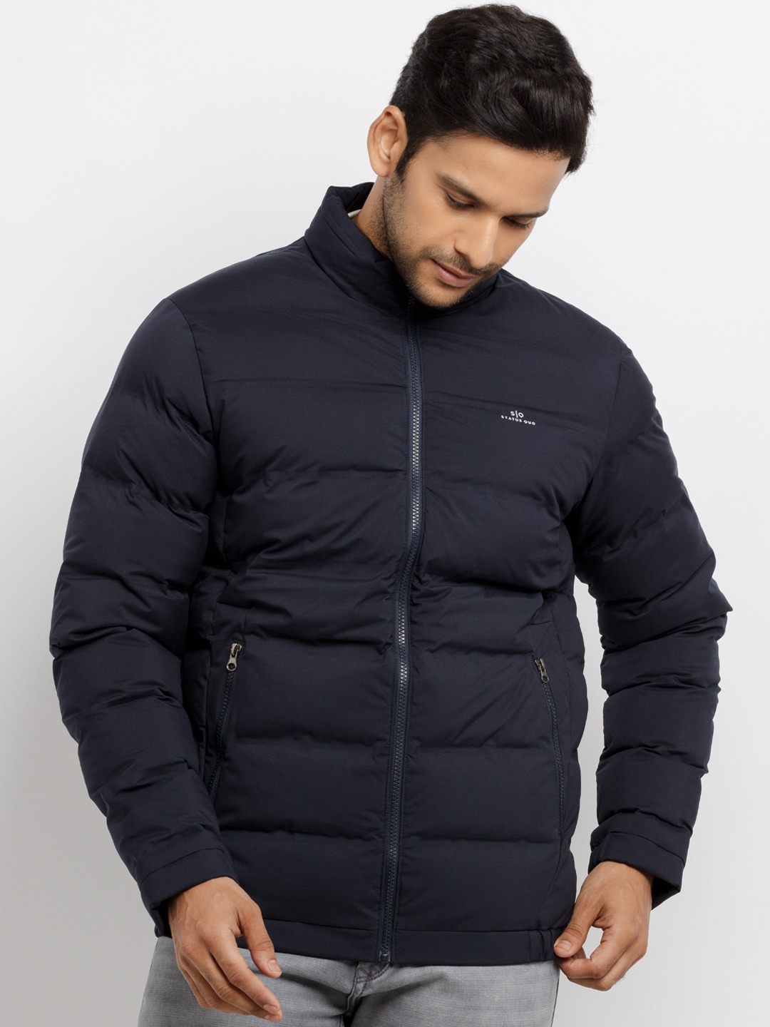 

Status Quo Men Navy Blue Quilted High Neck Jacket