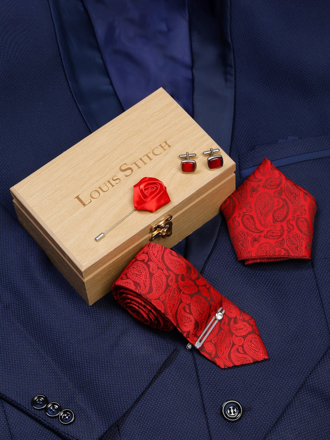 

LOUIS STITCH Men Paisley Italian Silk Necktie Accessory Gift Set, Red