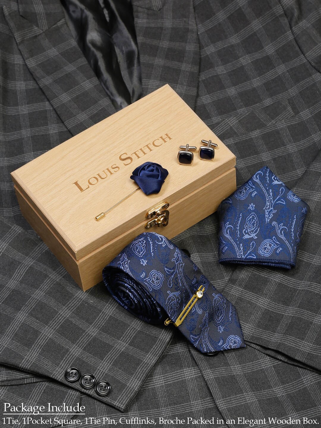 

LOUIS STITCH Men Italian Silk Necktie Accessory Gift Set, Blue