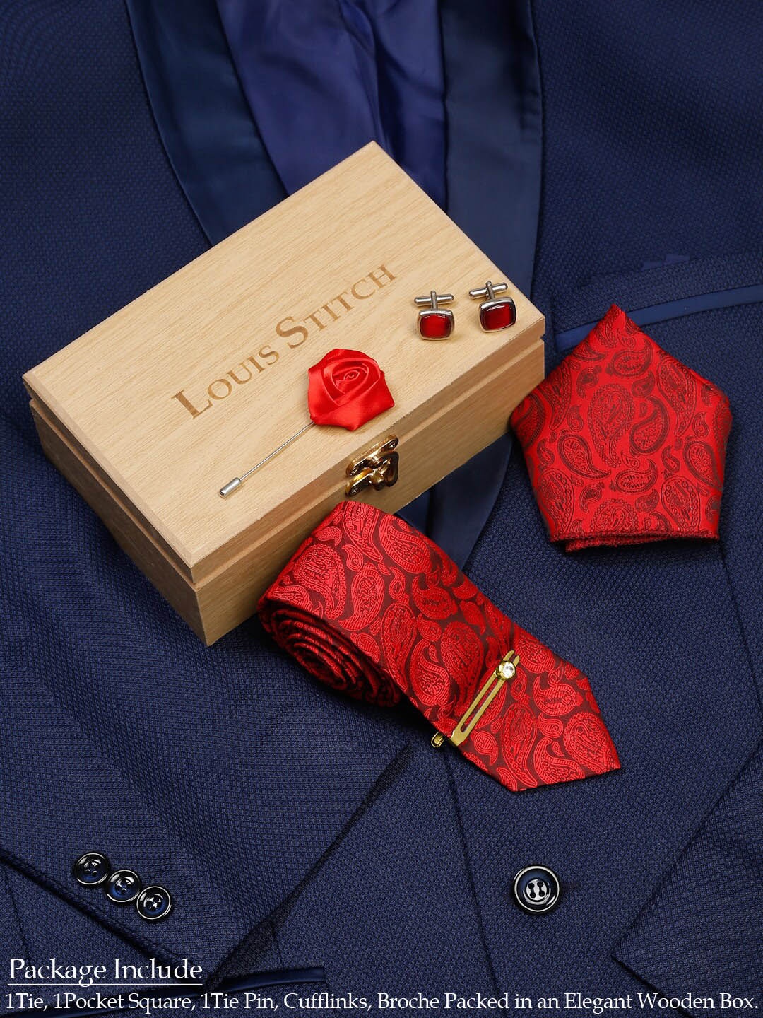 

LOUIS STITCH Men Floral Italian Silk Necktie Accessory Gift Set, Red