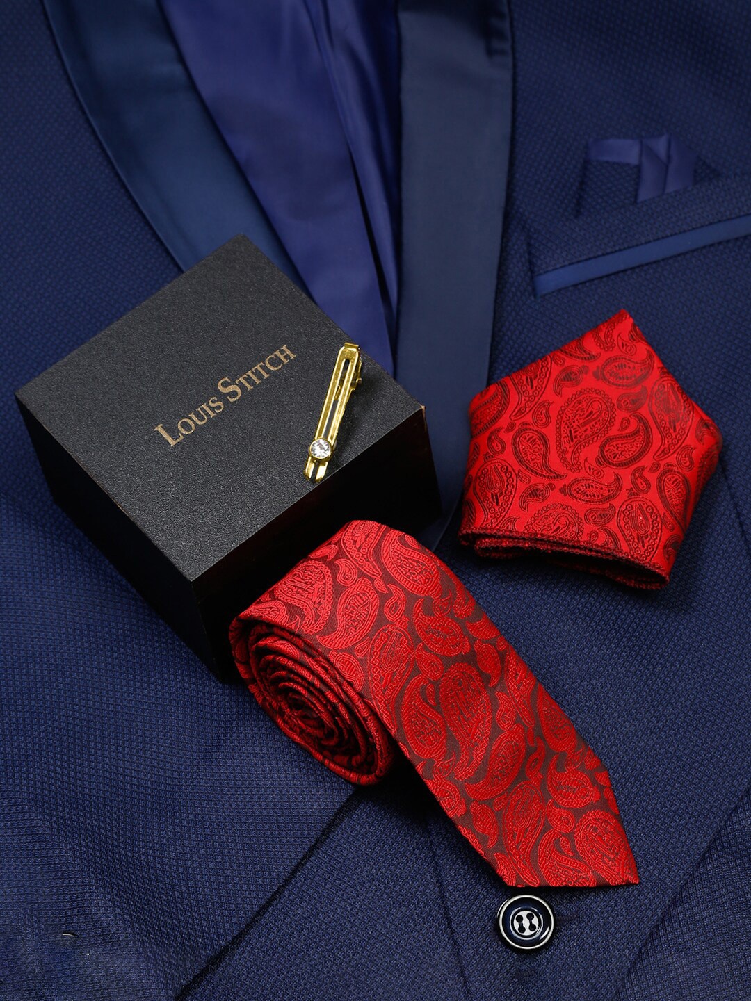 

LOUIS STITCH Men's Italian Silk Necktie Accessory Gift Set, Red