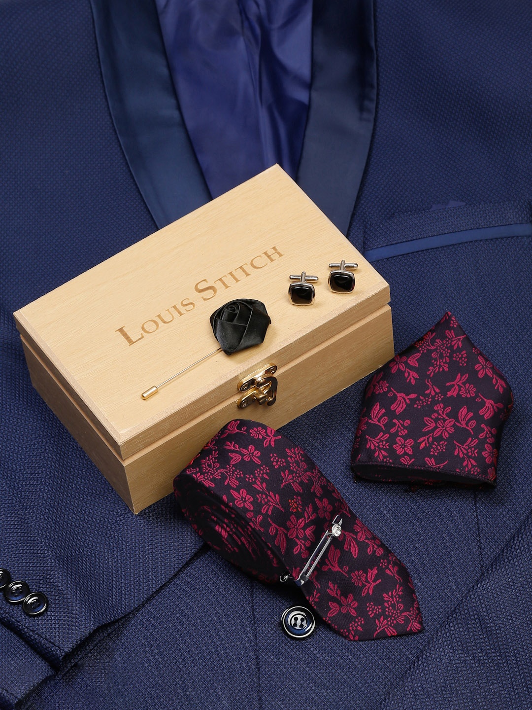 

LOUIS STITCH Men Silk Blend Necktie Accessory Gift Set, Pink