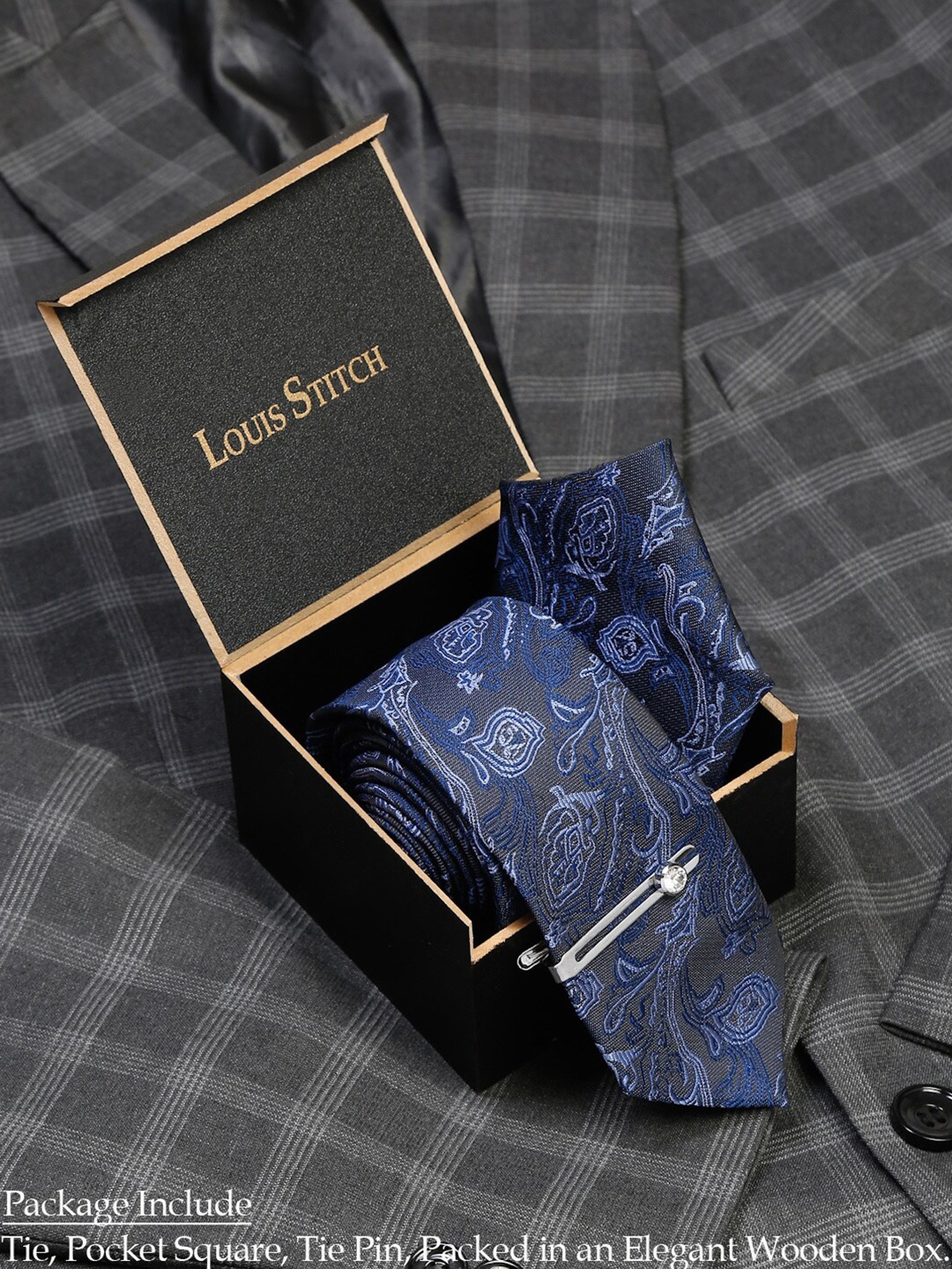 

LOUIS STITCH Men Italian Silk Necktie Accessory Gift Set, Blue