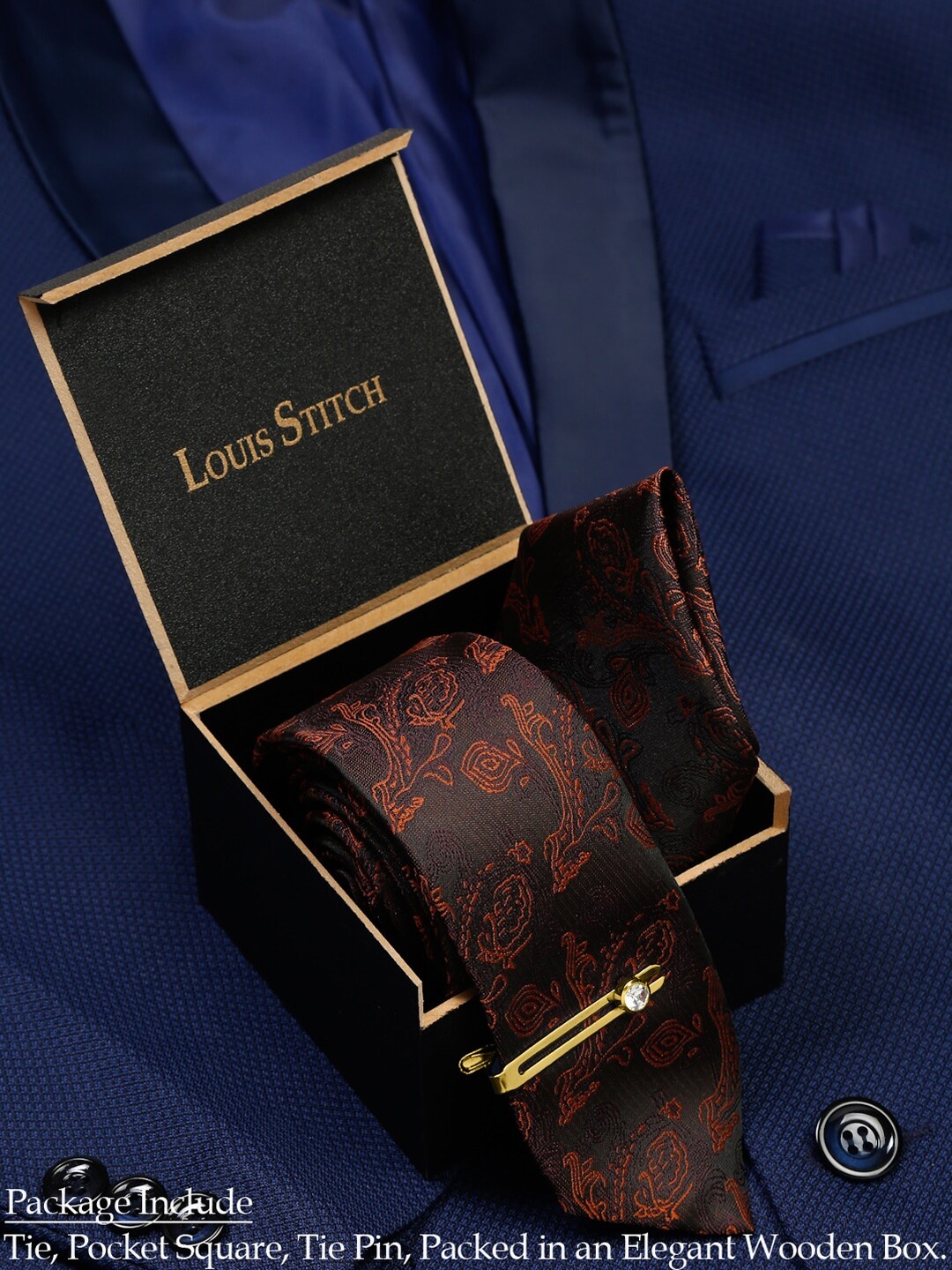 

LOUIS STITCH Men Silk Blend Necktie Accessory Gift Set, Brown