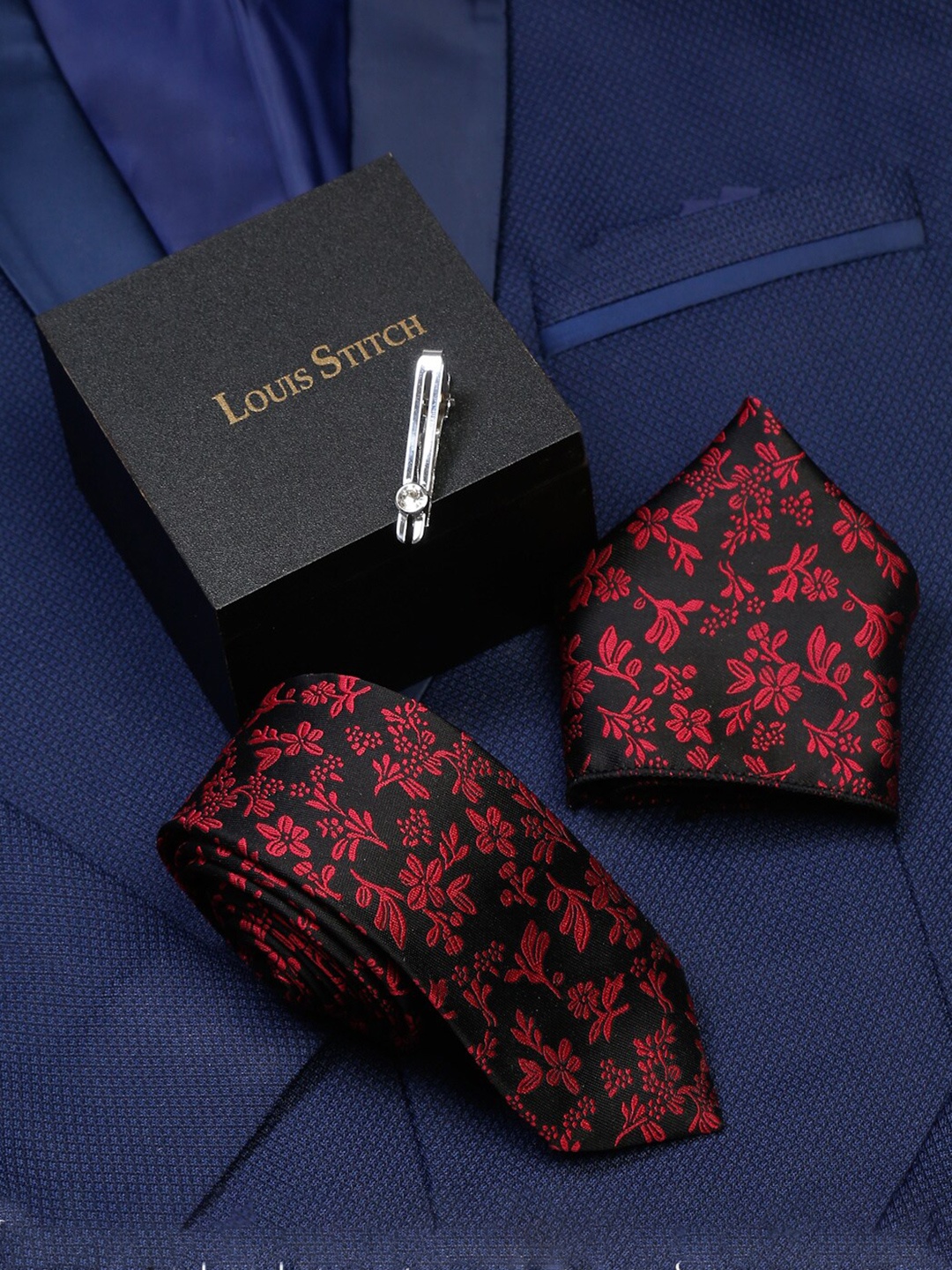 

LOUIS STITCH Men Floral Self Design Italian Silk Necktie Accessory Gift Set, Black