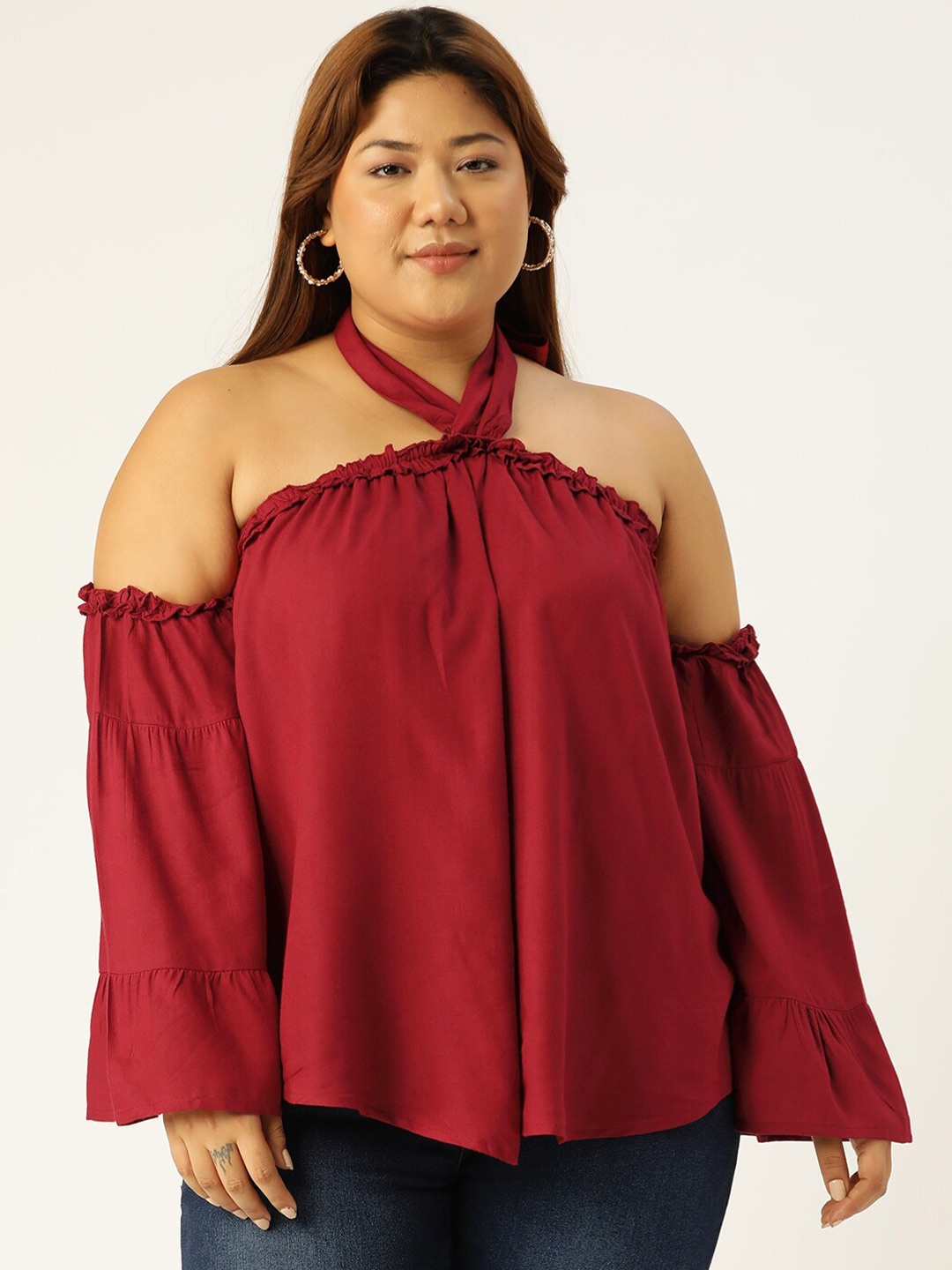 

theRebelinme Maroon Halter Neck Bardot Top