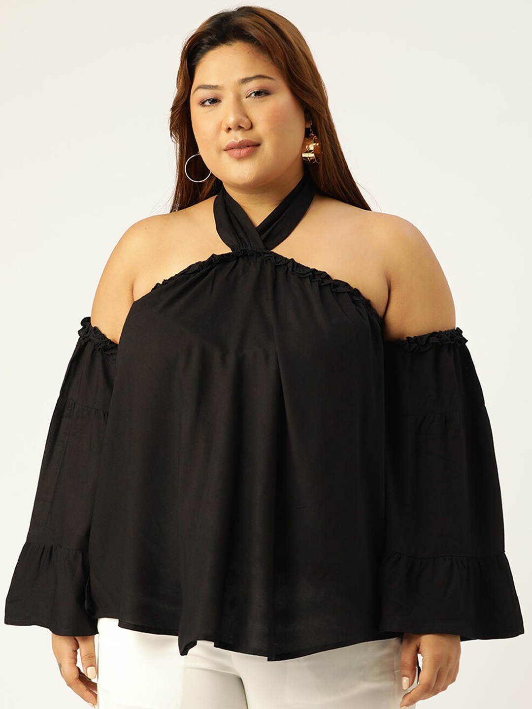

theRebelinme Plus Size Women's Black Solid Halter Neck Woven Top Plus Size