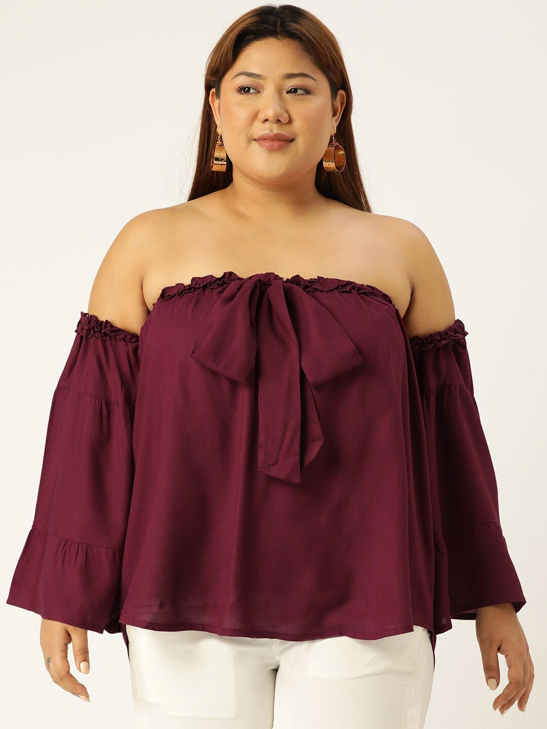 

TheRebelinme Women Burgundy Solid Halter Neck Bardot Woven Top Plus Size