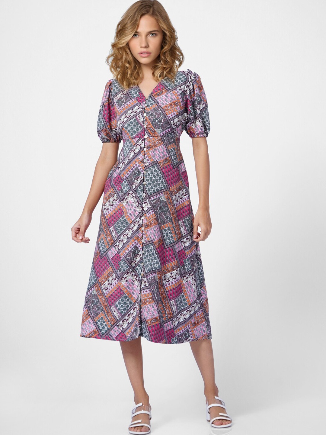 

ONLY Women Grey & Pink Abstract Print Midi Dress