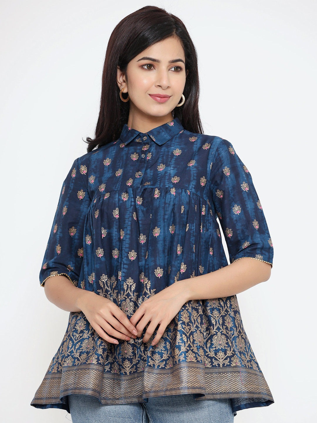 

Sutidora Blue Floral Print Shirt Style Top
