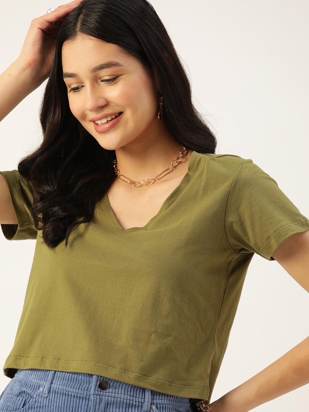 

DressBerry V-Neck Pure Cotton Raw Edge T-shirt, Olive