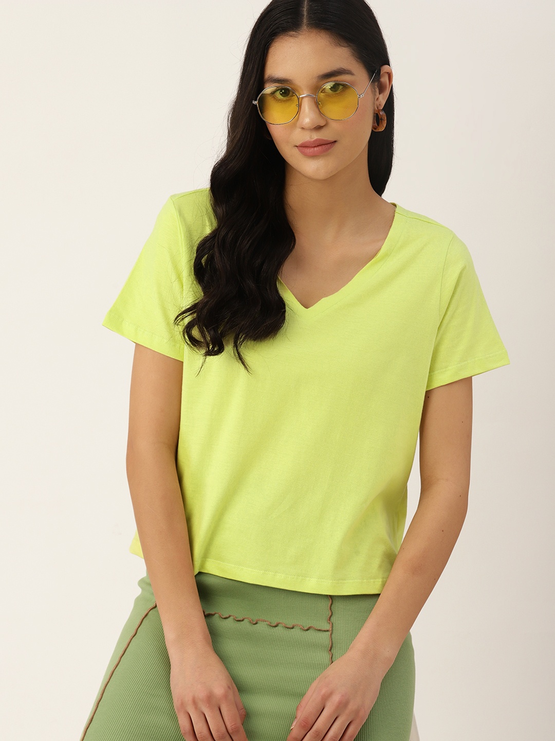 

DressBerry Women V-Neck Pure Cotton T-shirt, Fluorescent green