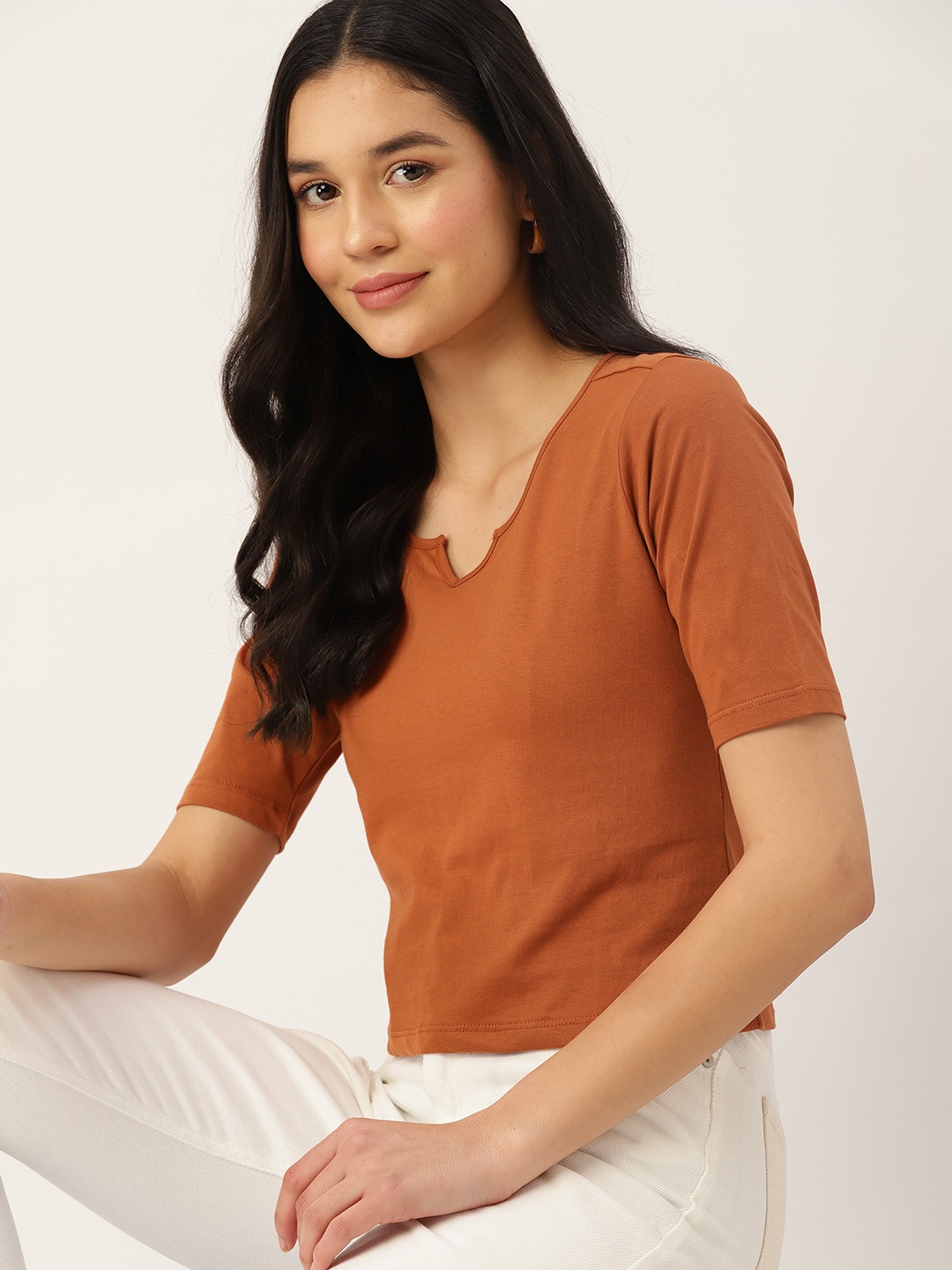 

DressBerry Women Solid Pure Cotton T-shirt, Rust