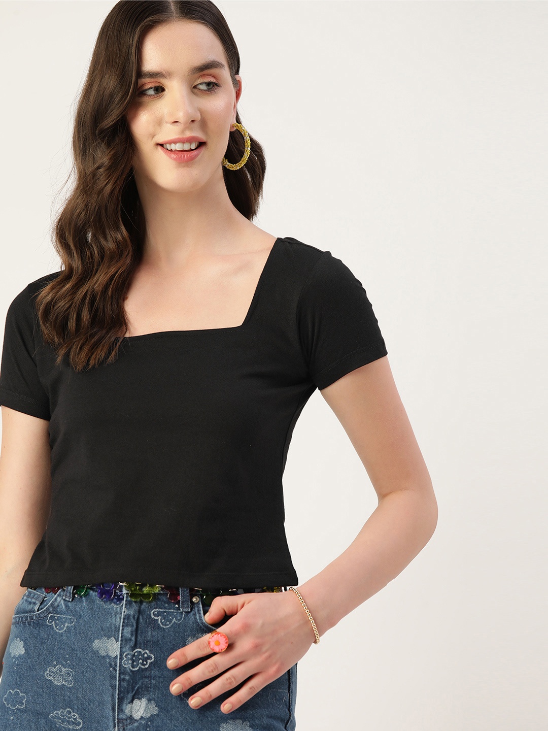 

DressBerry Pure Cotton Square neck Top, Black