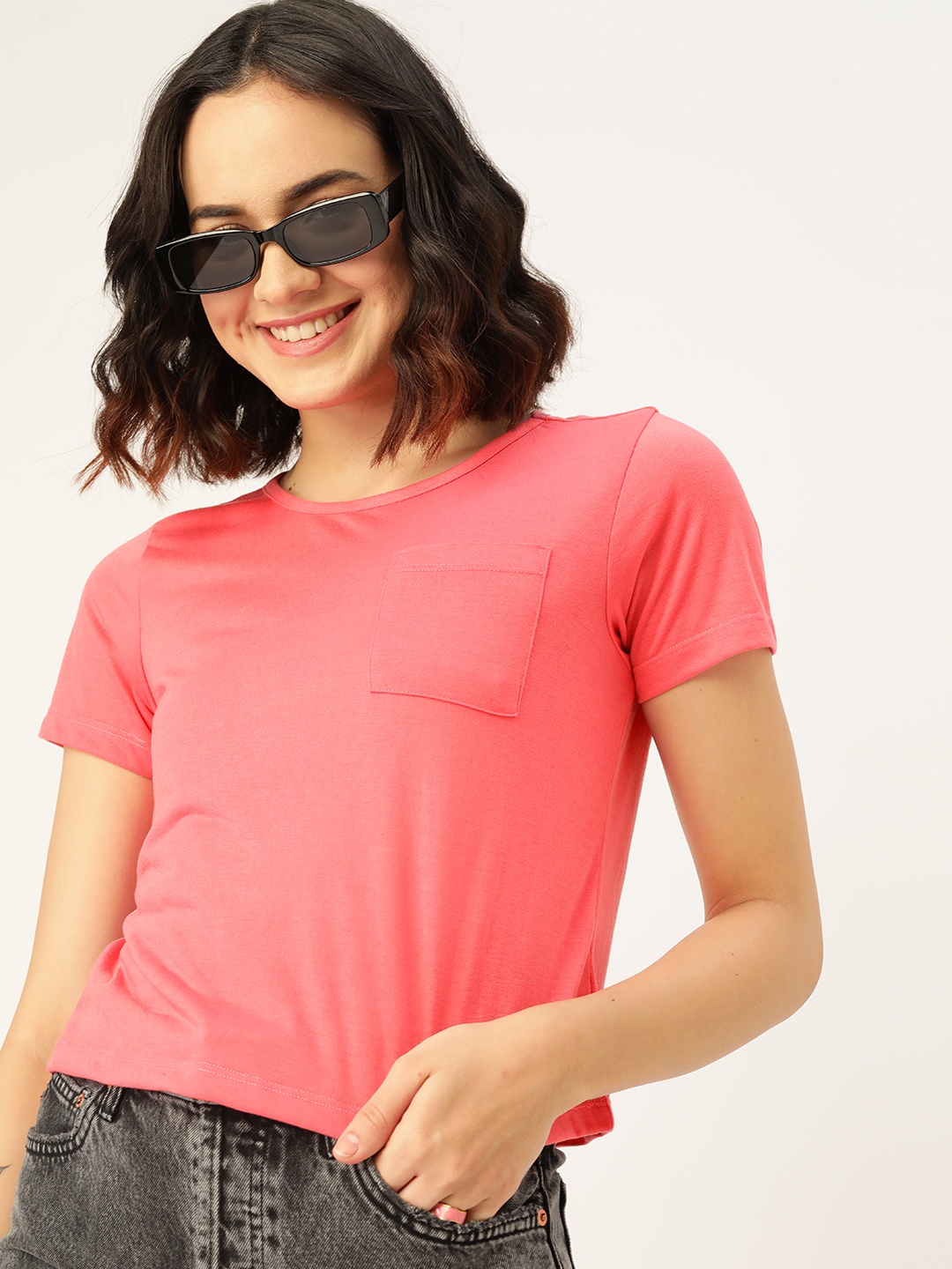 

DressBerry Round Neck Knitted Solid T-shirt, Pink