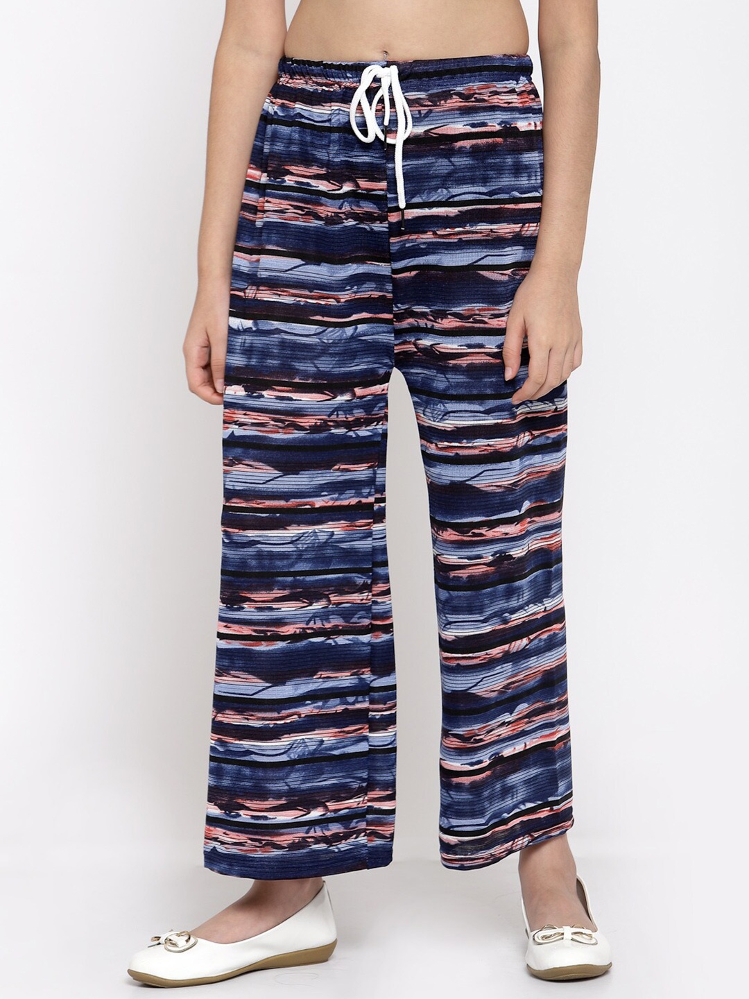 

KLOTTHE Girls Navy Blue & Peach-Coloured Printed Flared Palazzos