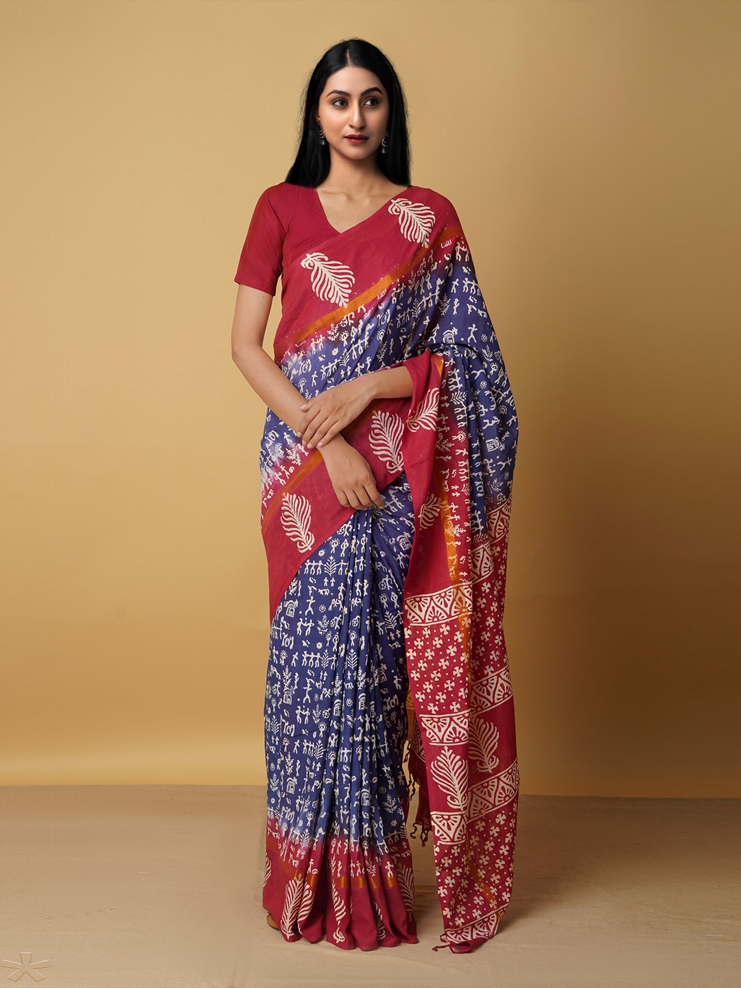 

Unnati Silks Navy Blue & Gold-Toned Ethnic Motifs Zari Silk Blend Baluchari Saree