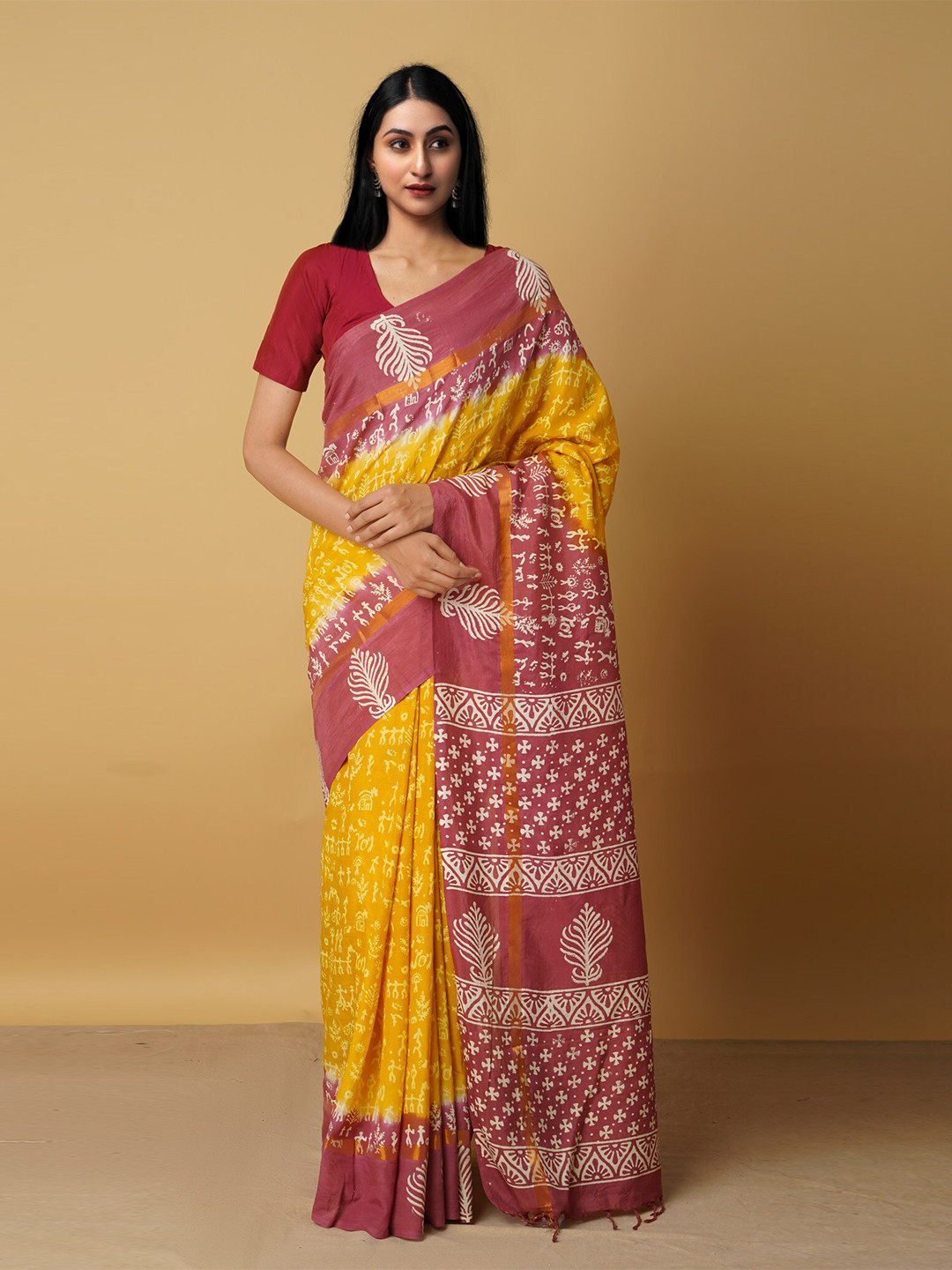 

Unnati Silks Yellow & Pink Ethnic Motifs Silk Blend Baluchari Saree