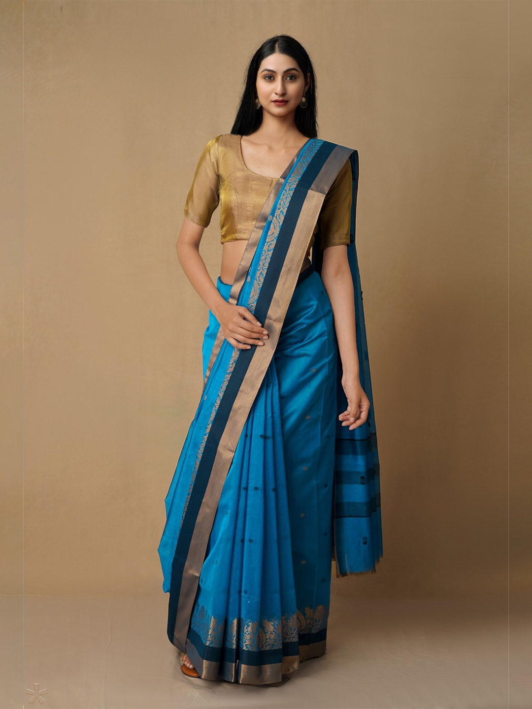 

Unnati Silks Blue & Gold-Toned Woven Design Zari Silk Cotton Baluchari Saree