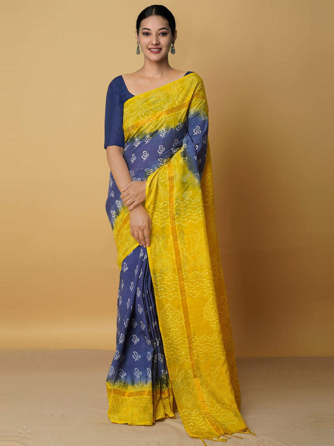 

Unnati Silks Navy Blue & Yellow Ethnic Motifs Silk Blend Baluchari Saree