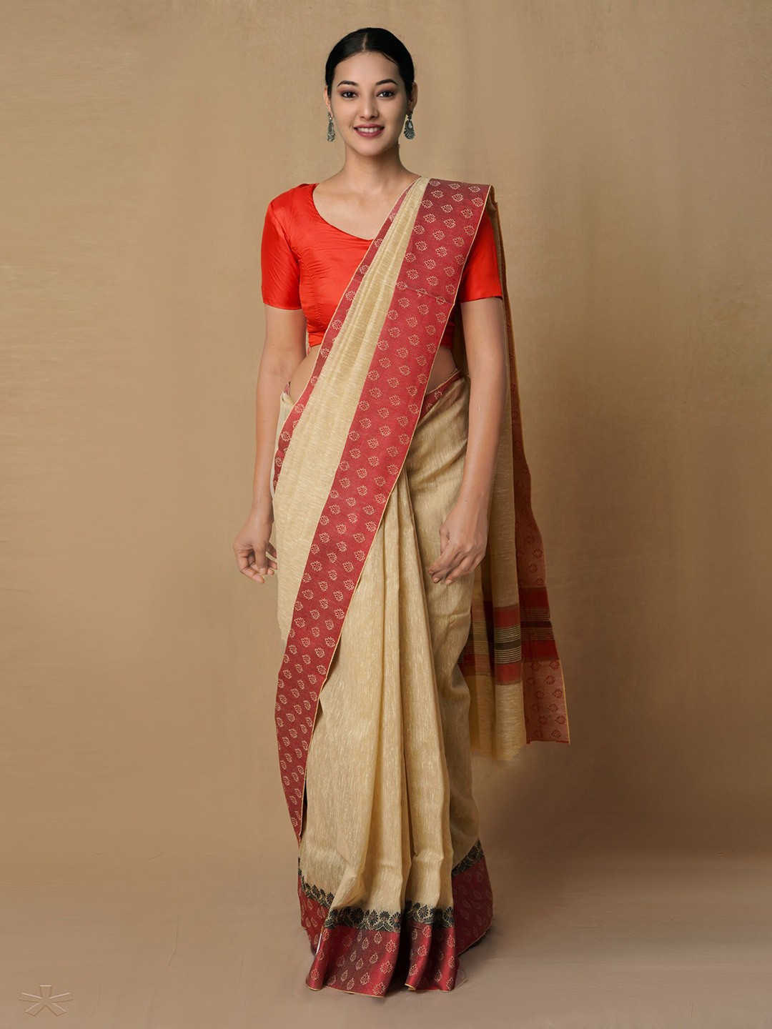 

Unnati Silks Beige & Brown Woven Design Jute Silk Maheshwari Saree