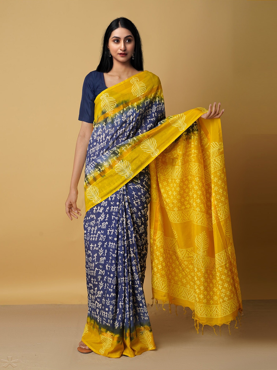 

Unnati Silks Navy Blue & Yellow Ethnic Motifs Silk Blend Baluchari Saree