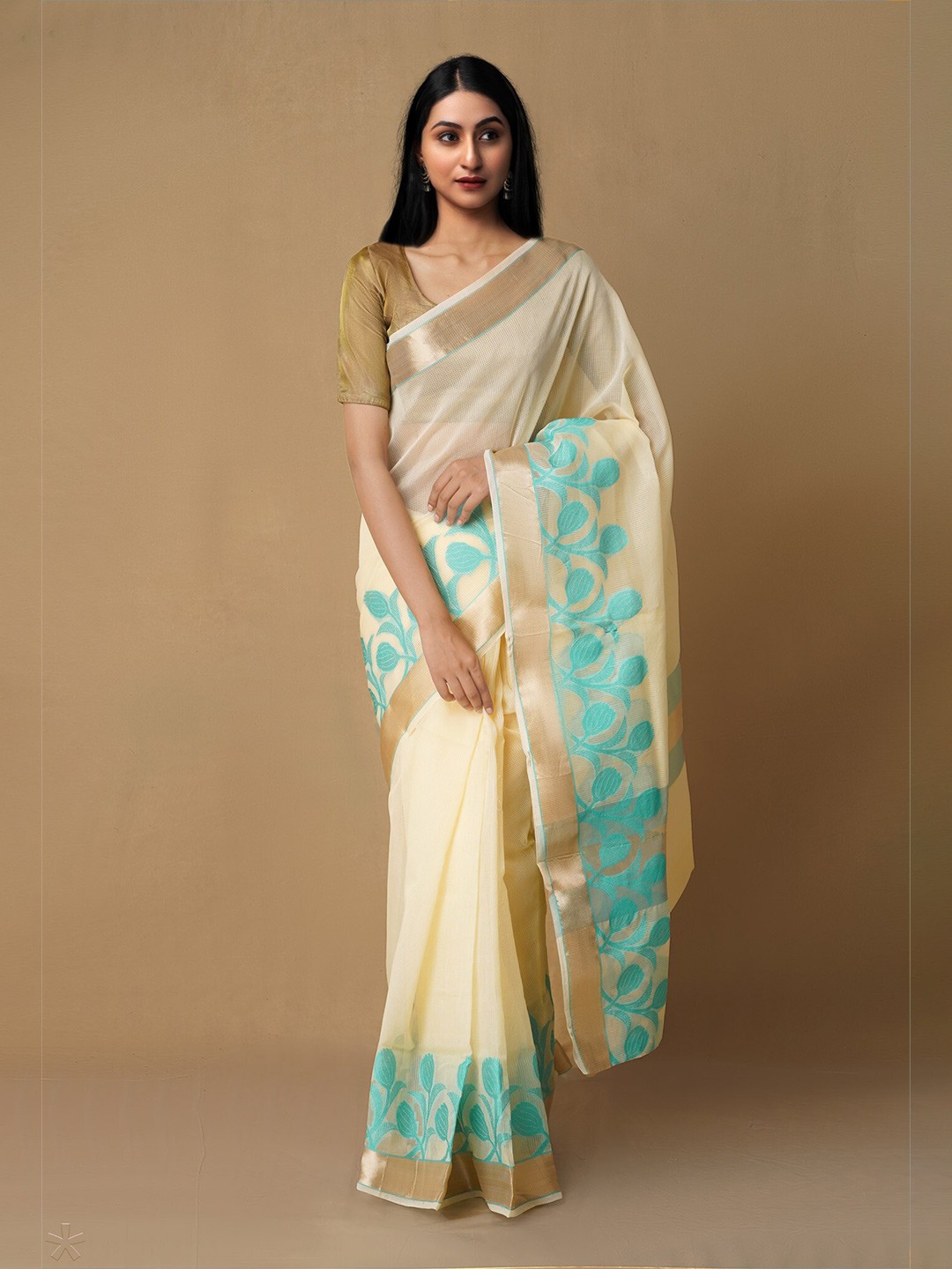 

Unnati Silks Cream & Blue Woven Design Zari Silk Cotton Kota Saree