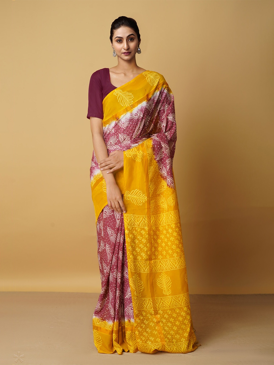 

Unnati Silks Maroon & Yellow Ethnic Motifs Silk Blend Baluchari Saree