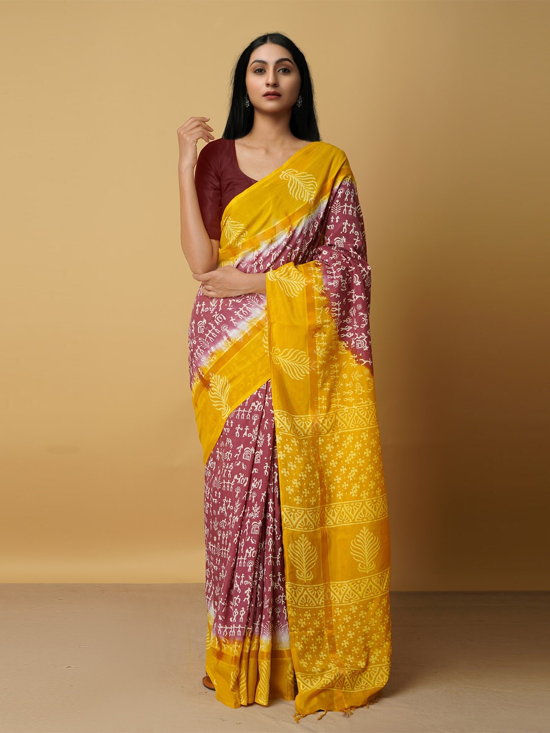

Unnati Silks Pink & Yellow Ethnic Motifs Silk Blend Baluchari Saree