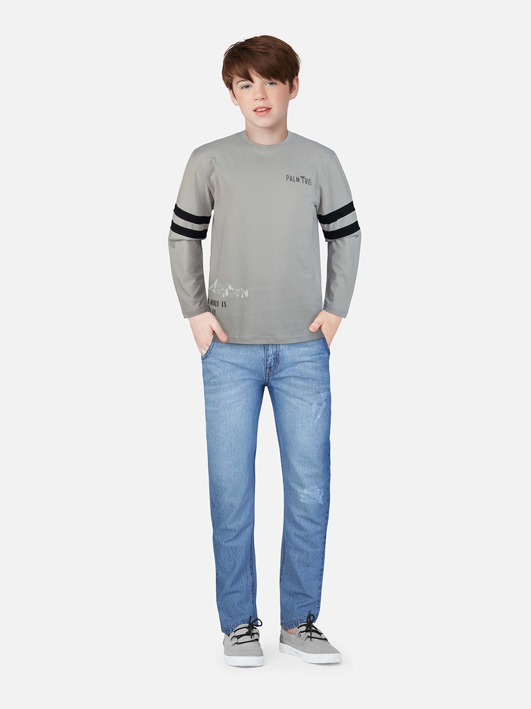 

Palm Tree Boys Grey Colourblocked Round Neck T-shirt