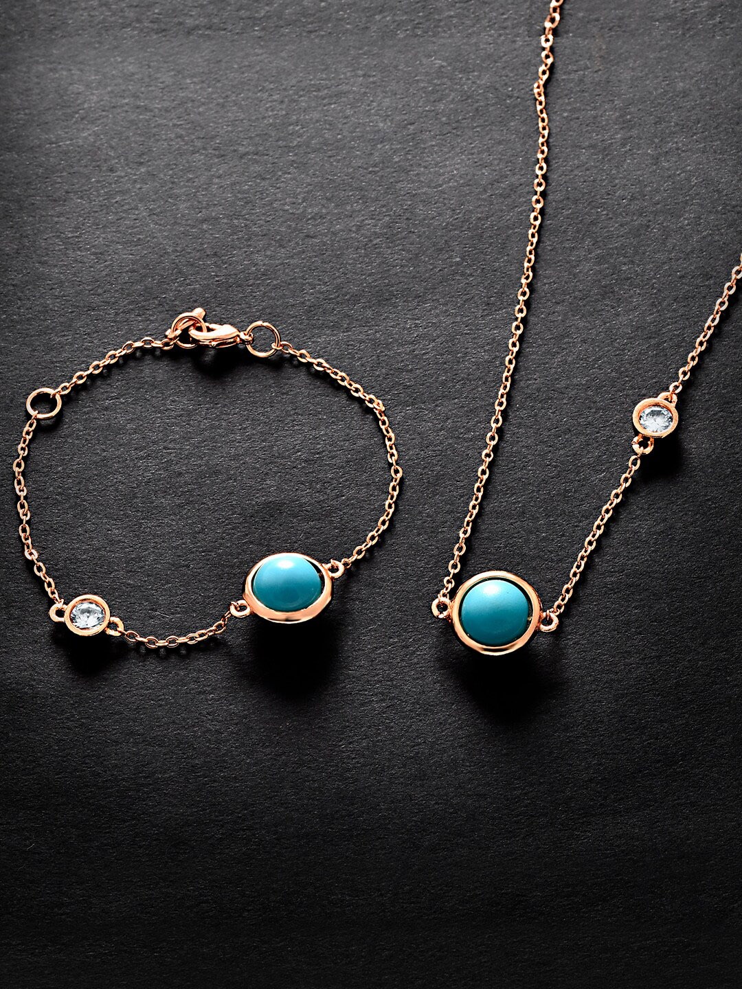 

MINUTIAE Rose Gold-Plated Blue Stone-Studded Jewellery Set