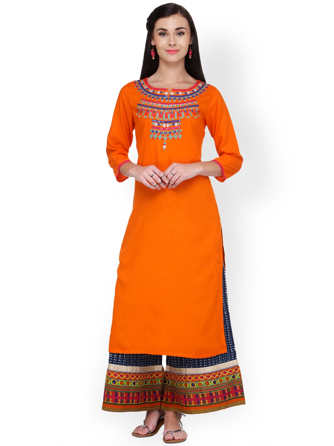 

Varanga Women Orange & Navy Printed Solid Straight Kurta with Palazzos