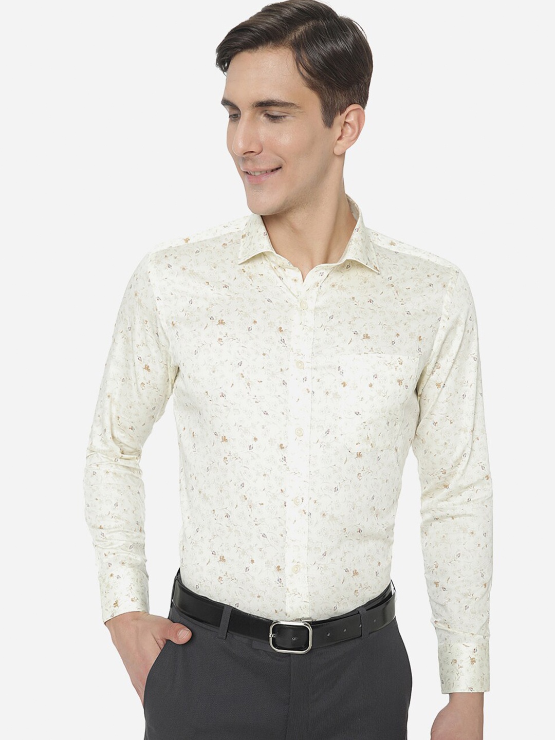 

Greenfibre Men Cream-Coloured Slim Fit Printed Formal Shirt