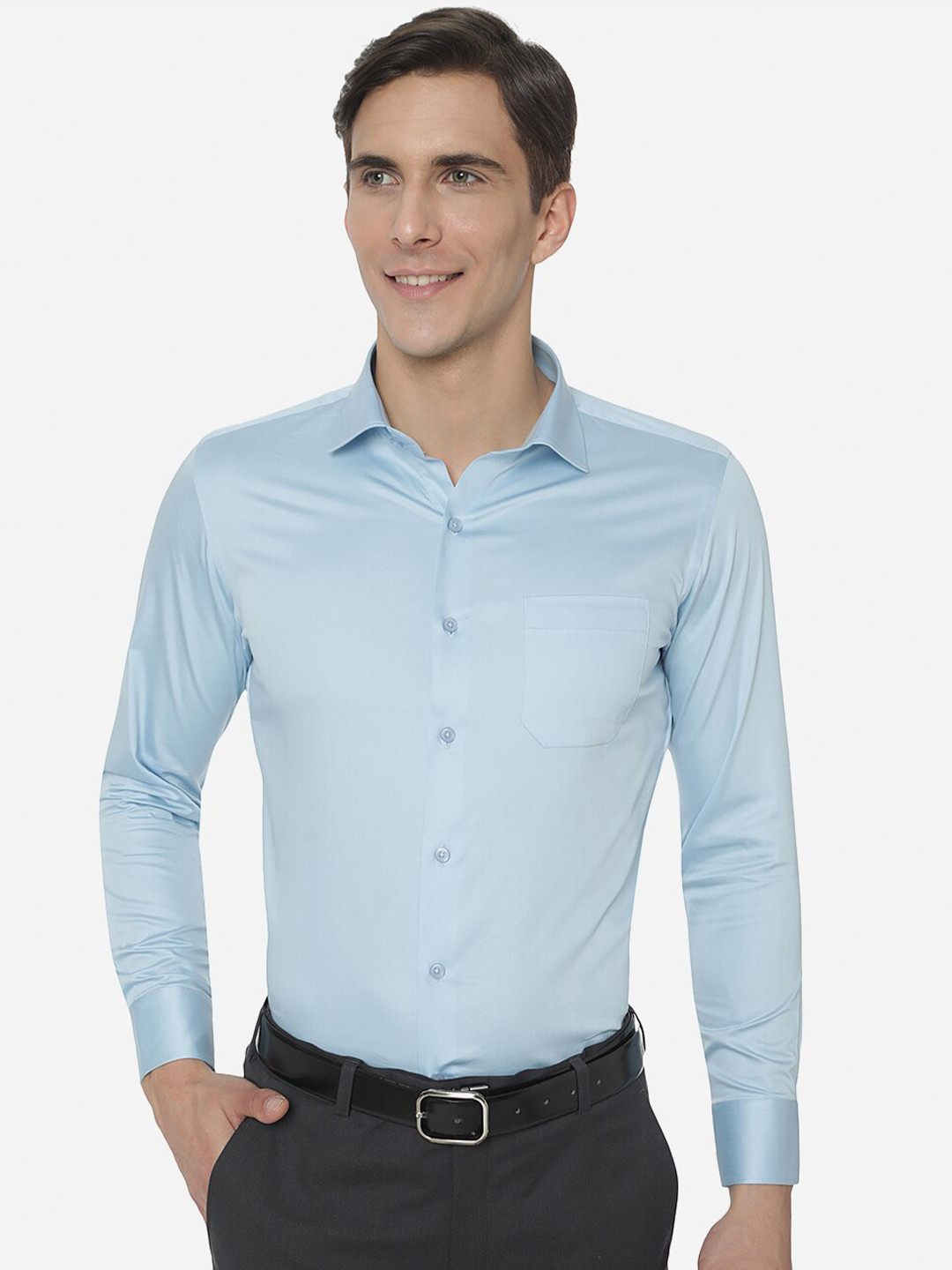 

Greenfibre Men Solid Blue Cotton Blend Slim Fit Formal Shirt