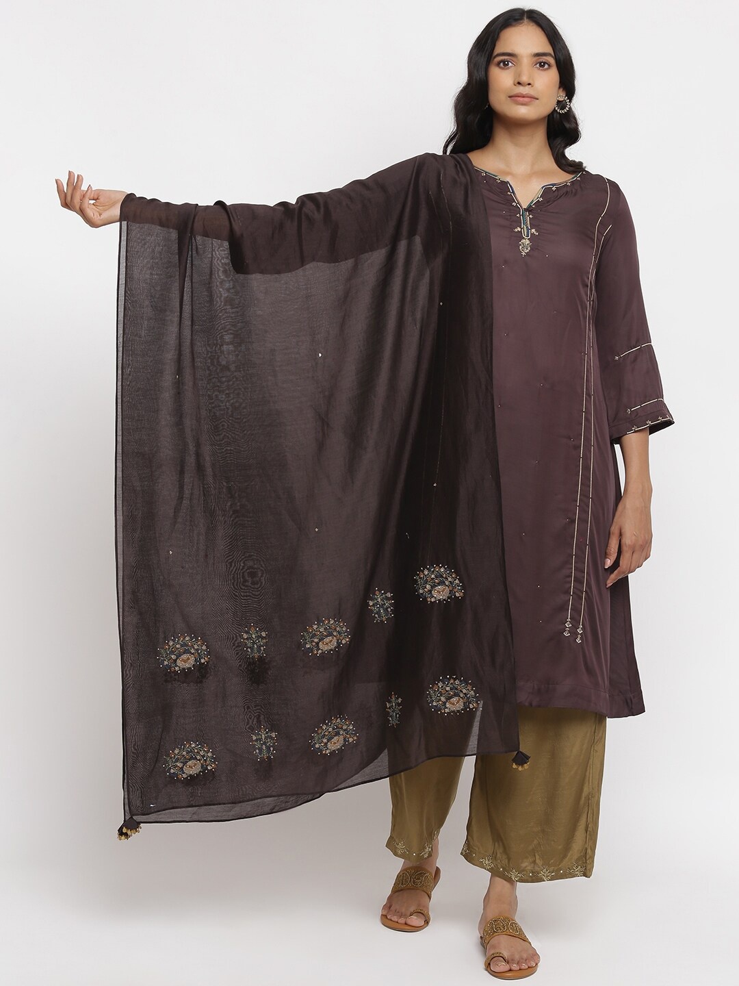 

W The Folksong Collection Women Brown Embroidered with Sequinned Dupatta