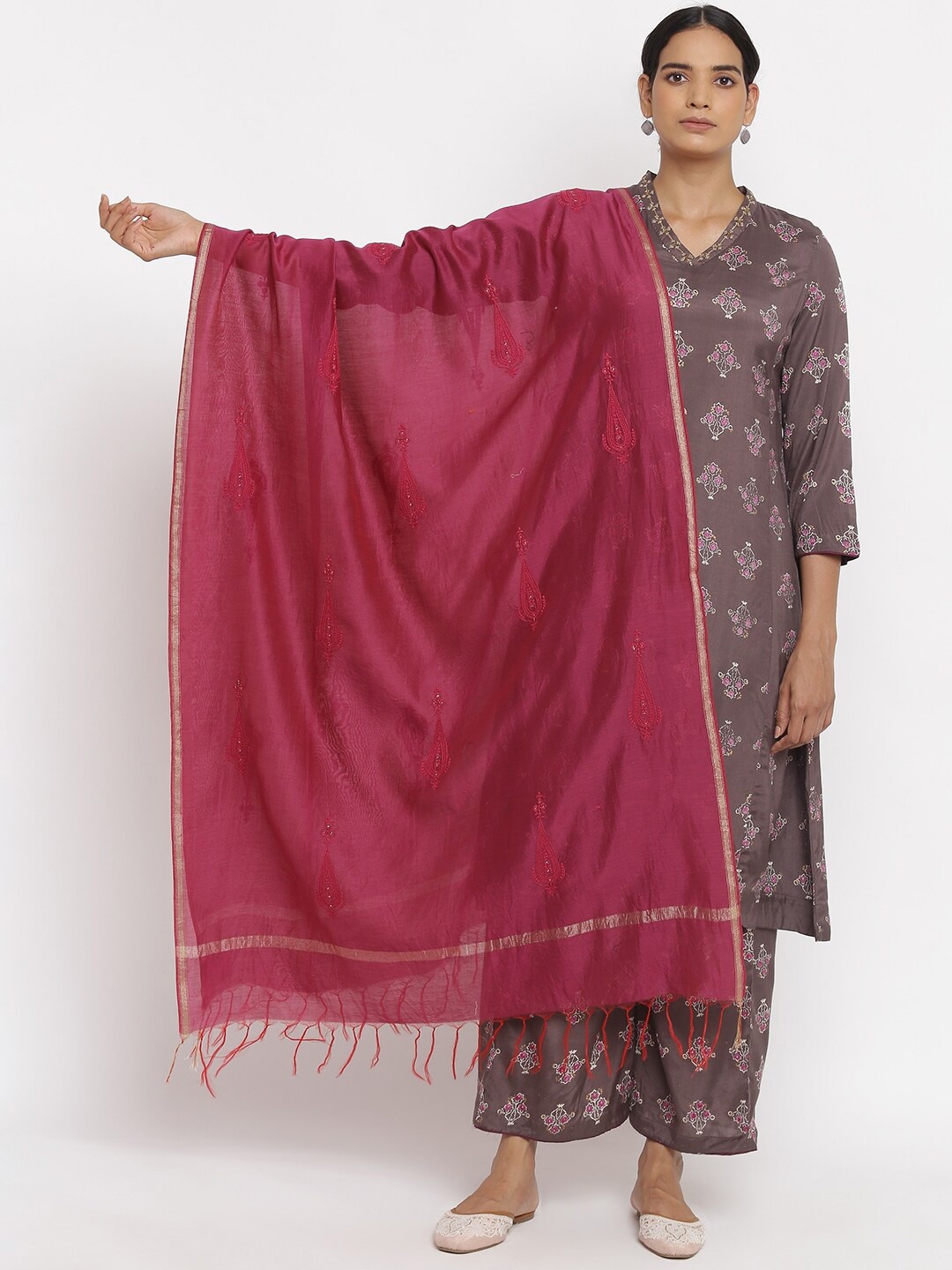 

W The Folksong Collection Women Pink Ethnic Motifs Embroidered Dupatta