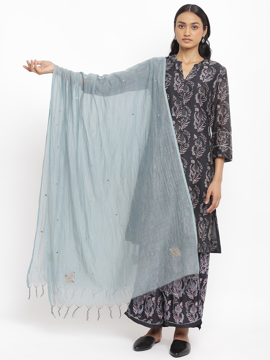 

W The Folksong Collection Blue Ethnic Motifs Embroidered Dupatta