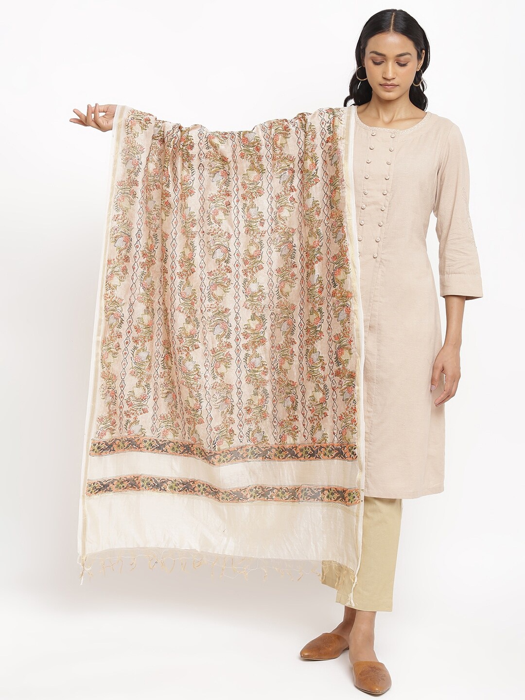 

W The Folksong Collection Women Pink & Beige Printed Dupatta