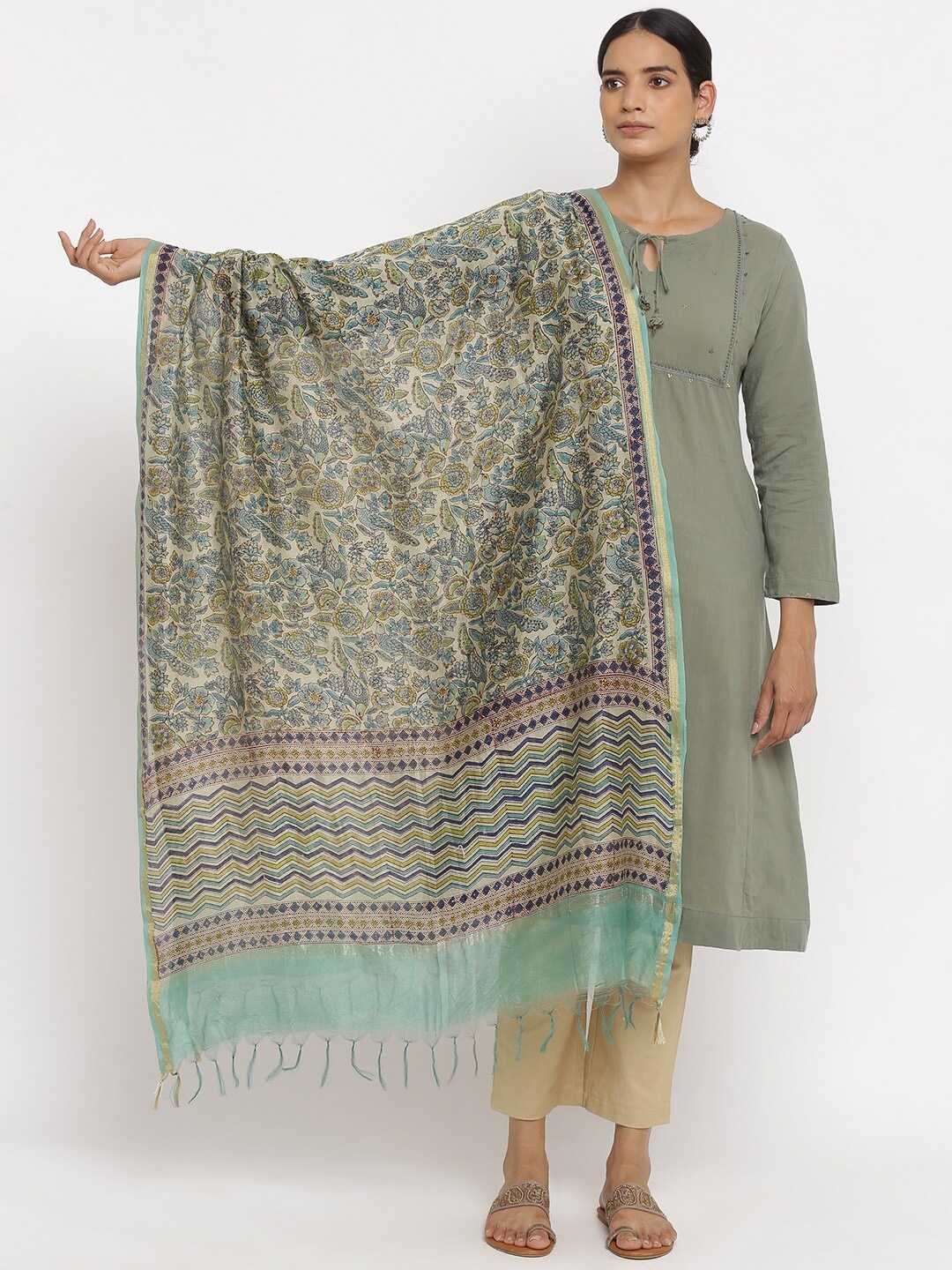 

W The Folksong Collection Blue & Green Floral Printed Dupatta