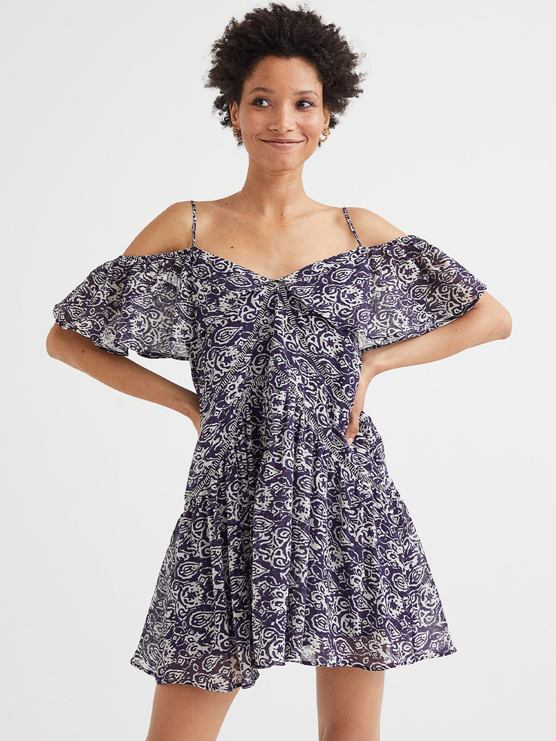 

H&M Blue & White Sleeveless Flounce-trimmed Dress