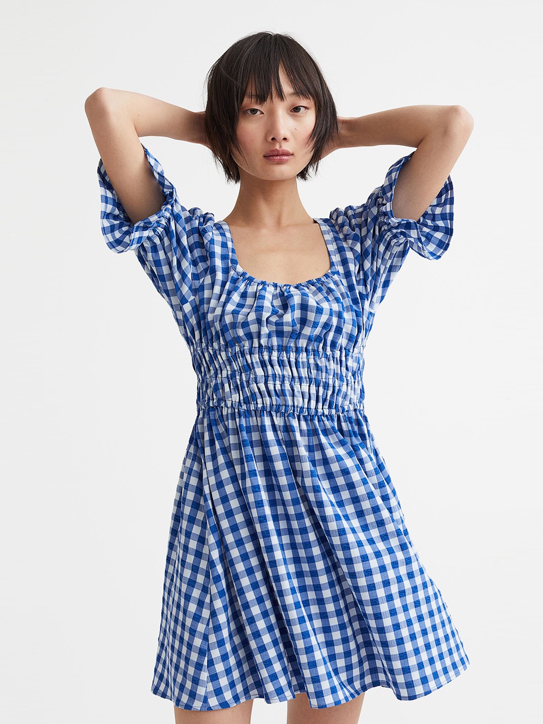 

H&M Blue & White Checked Smocked Fit & Flare Dress
