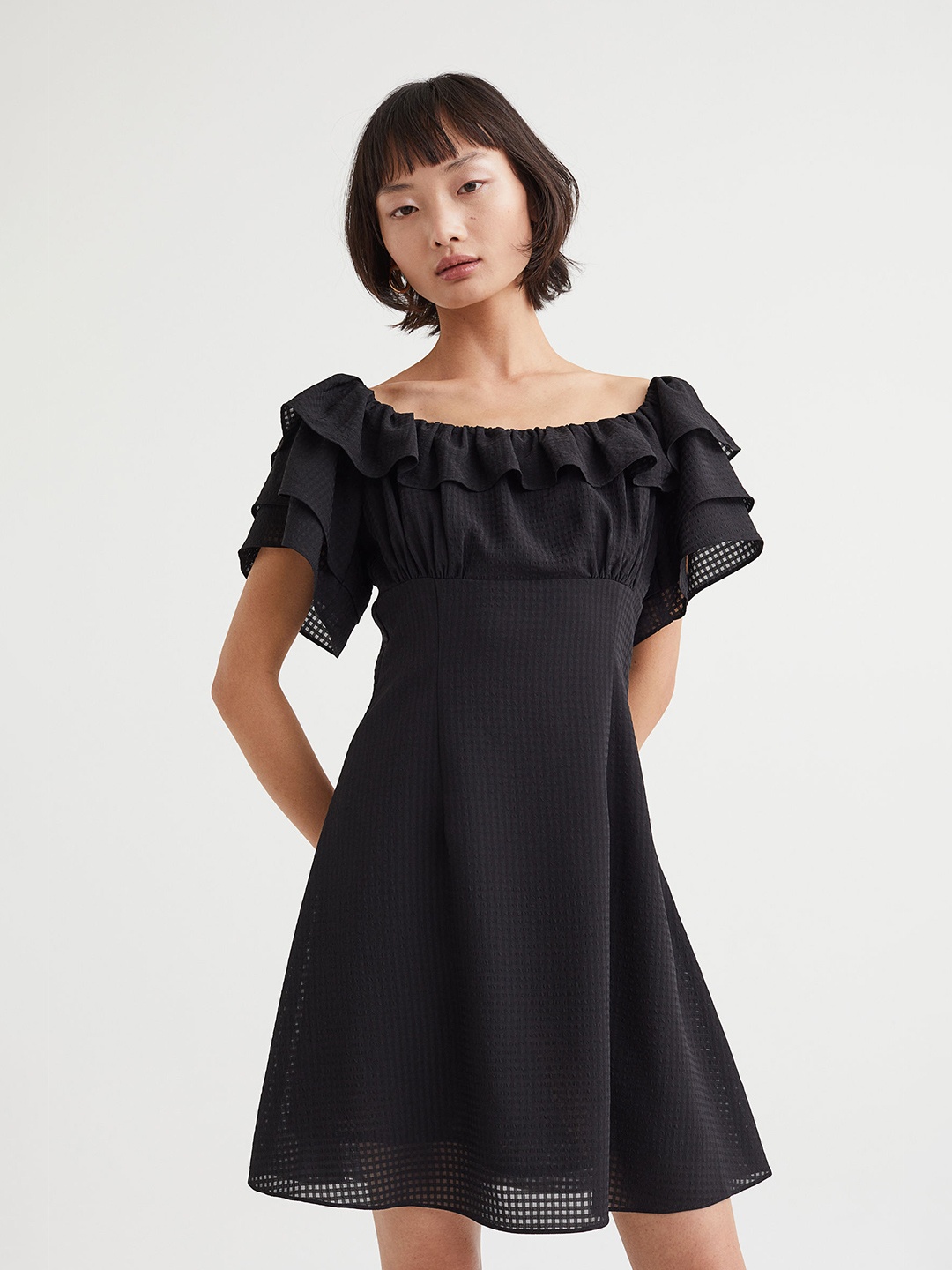 

H&M Black Short Flounce-Trimmed Dress